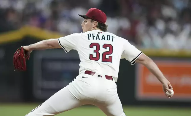 Arizona Diamondbacks starting pitcher Brandon Pfaadt throws against the Los Angeles Dodgers during the fourth inning of a baseball game Thursday, May 8, 2025, in Phoenix. (AP Photo/Ross D. Franklin)