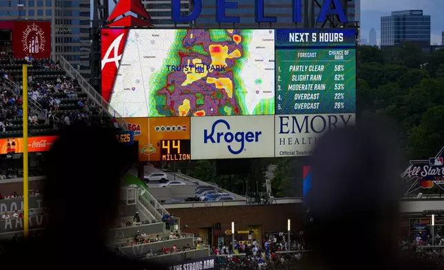 Fans watch the radar displayed before a rain-delayed baseball game between the Atlanta Braves and the Los Angeles Dodgers, Saturday, May 3, 2025, in Atlanta. (AP Photo/Mike Stewart)