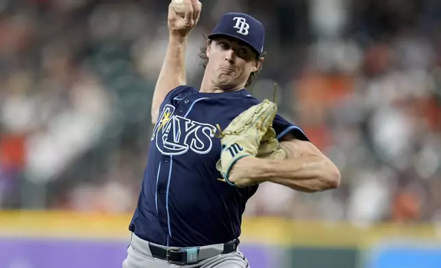 Tampa Bay Rays starting pitcher Ryan Pepiot throws against the Houston Astros during the first inning of a baseball game Friday, May 30, 2025, in Houston. (AP Photo/Eric Christian Smith)
