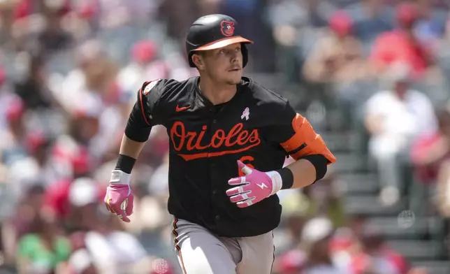 Baltimore Orioles' Ryan Mountcastle runs to first base during the fifth inning of a baseball game against the Los Angeles Angels, Sunday, May 11, 2025, in Anaheim, Calif. (AP Photo/Eric Thayer)