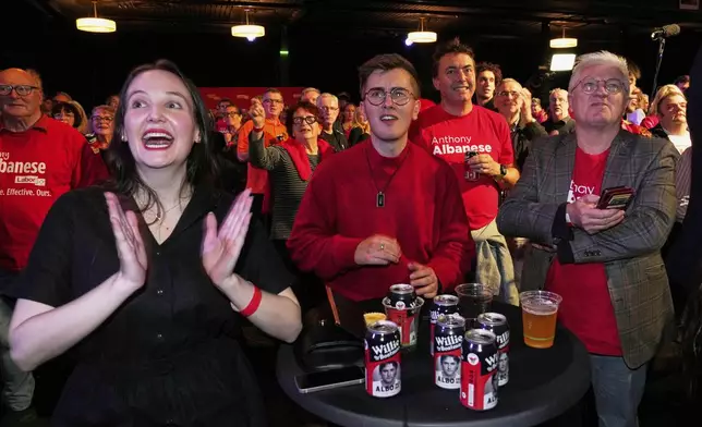 Labor Party supporters react as they watch as results are shown on a screen at their party headquarters event in Sydney, Saturday, May 3, 2025. (AP Photo/Rick Rycroft)