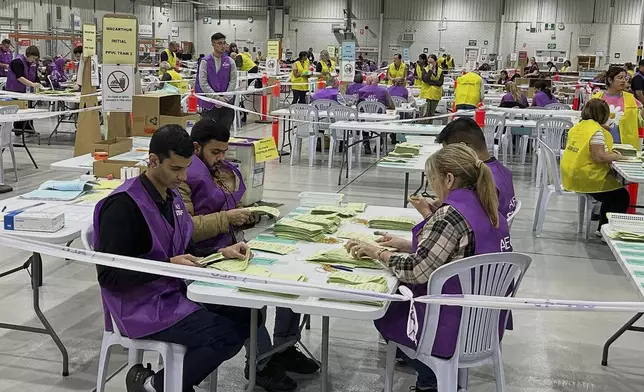 Australian Electoral Commission staff begin counting votes at a counting centre in south western Sydney, Saturday, May 3, 2025. (AP Photo/Moussa Moussa)