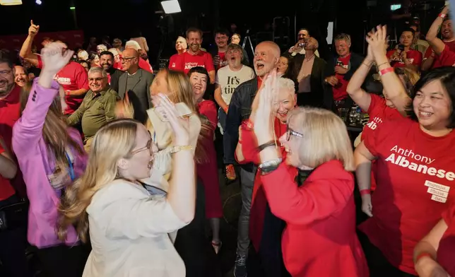 Labor Party supporters react as results are shown on a screen at their party headquarters in Sydney, Saturday, May 3, 2025. (AP Photo/Rick Rycroft)