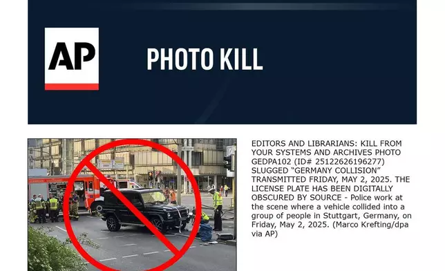 EDITORS AND LIBRARIANS: KILL FROM YOUR SYSTEMS AND ARCHIVES PHOTO GEDPA102 (ID# 25122626196277) SLUGGED “GERMANY COLLISION” TRANSMITTED FRIDAY, MAY 2, 2025. THE LICENSE PLATE HAS BEEN DIGITALLY OBSCURED BY SOURCE - Police work at the scene where a vehicle collided into a group of people in Stuttgart, Germany, on Friday, May 2, 2025. (Marco Krefting/dpa via AP)