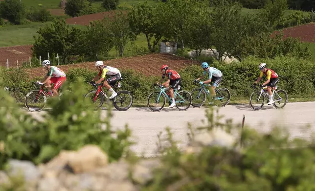The pack rides during the stage 1 of the Giro d'Italia from Durazzo (Durres) to Tirana (Tirane), Albania, Friday, May 9, 2025. (Fabio Ferrari/LaPresse via AP)