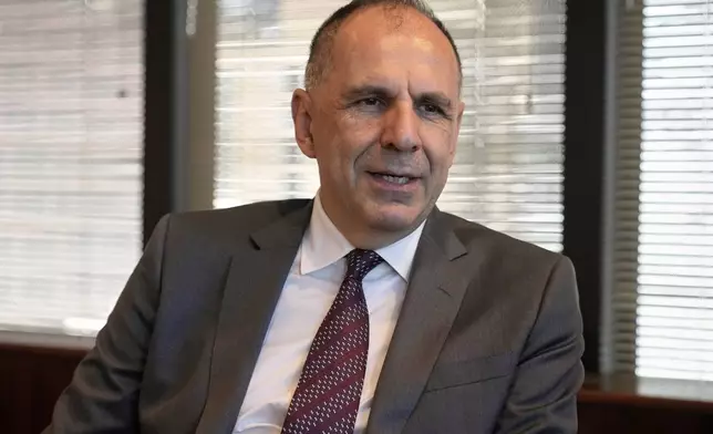 Greece Foreign Minister Giorgos Gerapetritis responds to questions during an interview at the Permanent Mission of Greece to the United Nations, in New York, Monday, May 19, 2025. (AP Photo/Richard Drew)