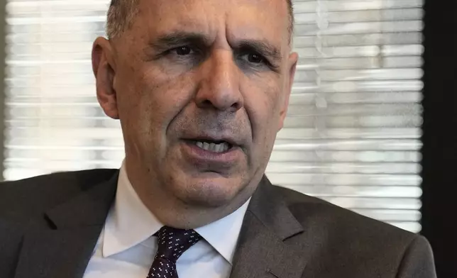 Greece Foreign Minister Giorgos Gerapetritis responds to questions during an interview at the Permanent Mission of Greece to the United Nations, in New York, Monday, May 19, 2025. (AP Photo/Richard Drew)