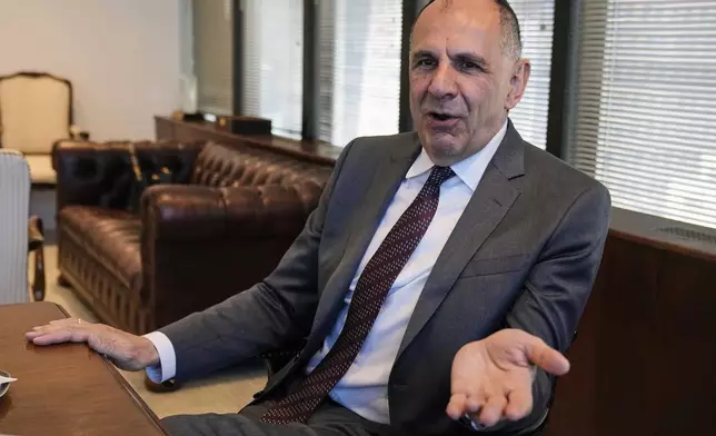 Greece Foreign Minister Giorgos Gerapetritis responds to questions during an interview at the Permanent Mission of Greece to the United Nations, in New York, Monday, May 19, 2025. (AP Photo/Richard Drew)