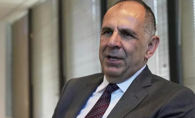 Greece Foreign Minister Giorgos Gerapetritis responds to questions during an interview at the Permanent Mission of Greece to the United Nations, in New York, Monday, May 19, 2025. (AP Photo/Richard Drew)
