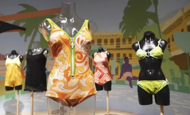 Just in time for bathing suit season, a swimsuit made of terrycloth is shown at the Waves of Style Swimwear Through the Decades exhibit at HistoryMiami Museum Wednesday, May 7, 2025, in advance of opening Saturday in Miami. (AP Photo/Lynne Sladky)