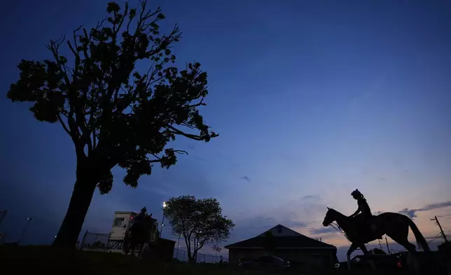 A horse heads to the track for a workout at Churchill Downs Thursday, May 1, 2025, in Louisville, Ky. (AP Photo/Charlie Riedel)