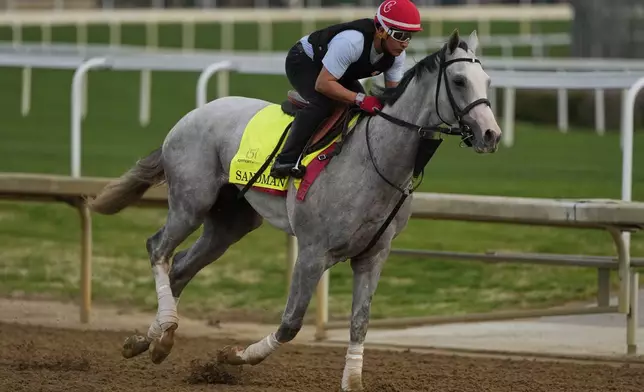 Kentucky Derby entrant Sandman works out at Churchill Downs Tuesday, April 29, 2025, in Louisville, Ky. (AP Photo/Charlie Riedel)