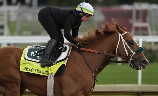Kentucky Derby entrant American Promise works out at Churchill Downs Tuesday, April 29, 2025, in Louisville, Ky. (AP Photo/Charlie Riedel)