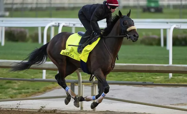 Kentucky Derby alternate Baeza works out at Churchill Downs Monday, April 28, 2025, in Louisville, Ky. (AP Photo/Charlie Riedel)