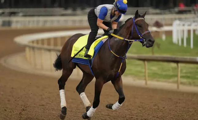 Kentucky Derby entrant Neoequos works out at Churchill Downs Tuesday, April 29, 2025, in Louisville, Ky. (AP Photo/Charlie Riedel)