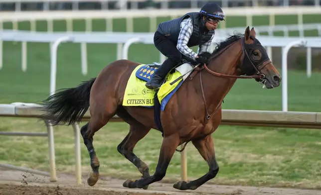 Kentucky Derby entrant Citizen Bull works out at Churchill Downs Monday, April 28, 2025, in Louisville, Ky. (AP Photo/Charlie Riedel)