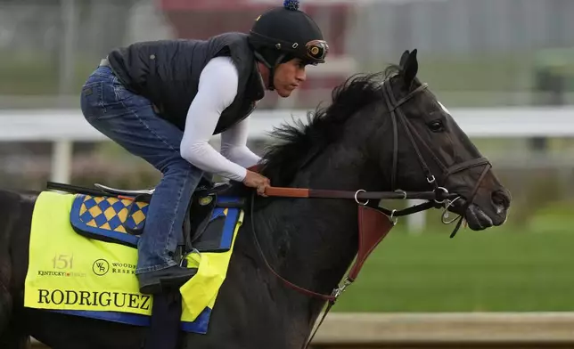 Kentucky Derby entrant Rodriguez works out at Churchill Downs Tuesday, April 29, 2025, in Louisville, Ky. (AP Photo/Charlie Riedel)