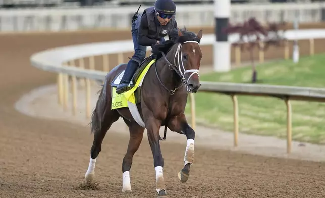 Kentucky Derby entrant Grande works out at Churchill Downs Monday, April 28, 2025, in Louisville, Ky. (AP Photo/Charlie Riedel)