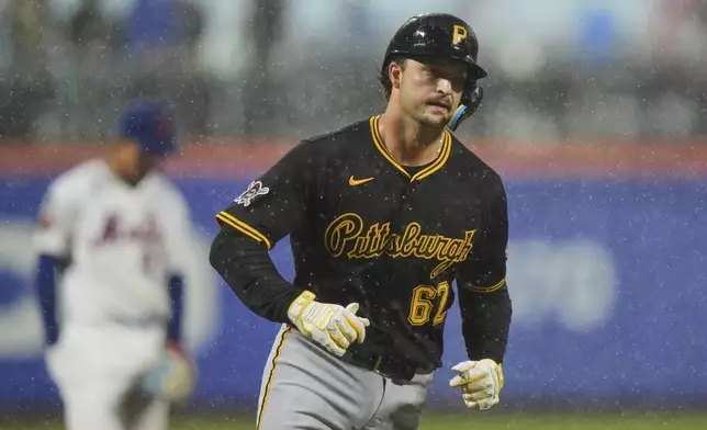 Pittsburgh Pirates' Matt Gorski (62) runs the bases after hitting a two-run home run during the second inning of a baseball game against the New York Mets Wednesday, May 14, 2025, in New York. (AP Photo/Frank Franklin II)