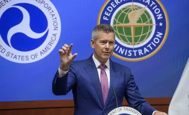 Secretary of Transportation Sean Duffy speaks during a news conference to provide a status update on Newark Liberty International Airport at the Department of Transportation in Washington, Wednesday, May 28, 2025. (AP Photo/Rod Lamkey, Jr.)