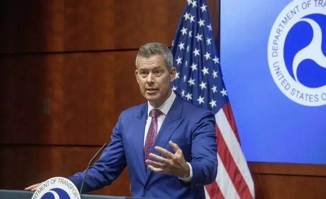 Secretary of Transportation Sean Duffy speaks during a news conference to provide a status update on Newark Liberty International Airport at the Department of Transportation in Washington, Wednesday, May 28, 2025. (AP Photo/Rod Lamkey, Jr.)