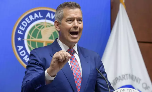 Secretary of Transportation Sean Duffy speaks during a news conference to provide a status update on Newark Liberty International Airport at the Department of Transportation in Washington, Wednesday, May 28, 2025. (AP Photo/Rod Lamkey, Jr.)