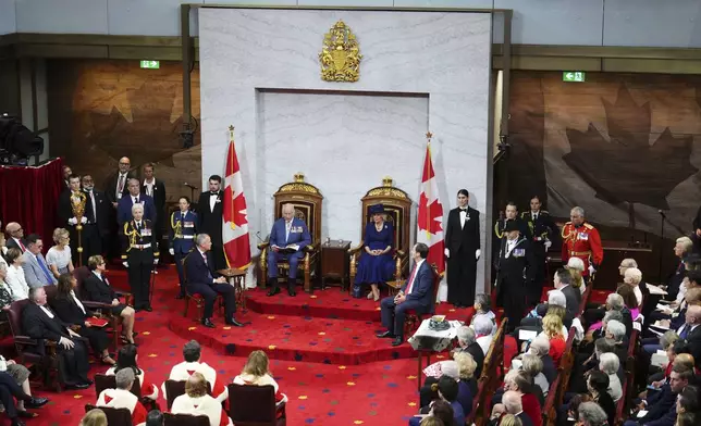 King Charles delivers the speech from the throne in the Senate in Ottawa, Canada, on Tuesday, May 27, 2025. (Sean Kilpatrick/The Canadian Press via AP)