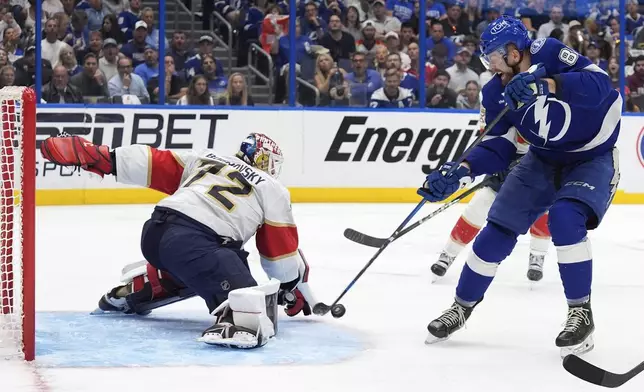 Florida Panthers goaltender Sergei Bobrovsky (72) stops a shot by Tampa Bay Lightning defenseman Erik Cernak (81) during the second period in Game 5 of an NHL hockey Stanley Cup first-round playoff series, Wednesday, April 30, 2025, in Tampa, Fla. (AP Photo/Chris O'Meara)