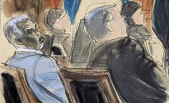 Sean Diddy'Combs, far left, and attorney Marc Agnifilo, right, sit at the defense table during witness testimony in Manhattan federal court, Tuesday, May 13, 2025, in New York. (Elizabeth Williams via AP)