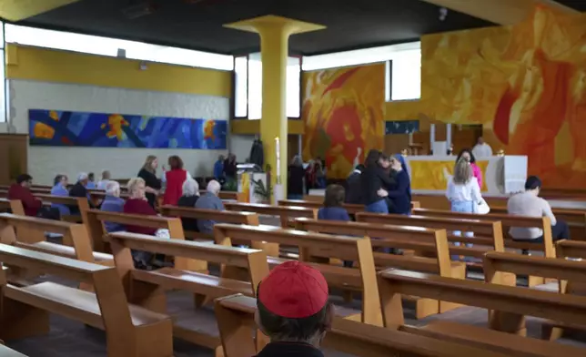 Cardinal Oswald Gracias sits before a mass in San Paolo Della Croce parish church in Corviale neighbourhood, in Rome, Sunday, May 4, 2025. (AP Photo/Alessandra Tarantino)