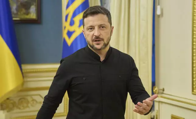 Ukrainian President Volodymyr Zelenskyy speaks during a briefing in Kyiv, Ukraine, Monday, May 19, 2025. (AP Photo/Efrem Lukatsky)