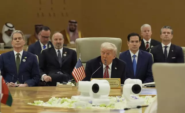 President Donald Trump speaks during the Gulf Cooperation Council (GCC) Summit in Riyadh, Saudi Arabia, Wednesday, May 14, 2025. (AP Photo/Alex Brandon)