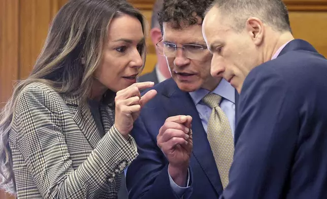 Karen Read talks with her attorneys Robert Alessi and David Yannetti during her trial at Norfolk Superior Court, Tuesday, May 6, 2025, in Dedham, Mass. (Matt Stone/The Boston Herald via AP, Pool)