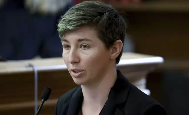 Ashley Vallier, a forensic scientist with the Massachusetts State Police Crime Lab, testifies during the trial of Karen Read in Norfolk Superior Court, Friday, May 16, 2025, in Dedham, Mass. (Mark Stockwell/The Sun Chronicle, Pool)