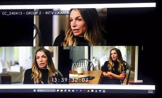 Evidence video of Karen Read being interviewed by a TV station, shown during the Karen Read trial, Tuesday, May 6, 2025, in Dedham, Mass. (Matt Stone/The Boston Herald via AP, Pool)