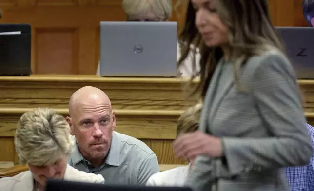 Paul O'Keefe, brother of the late John O'Keefe, watches as Karen Read walks by during her trial at Norfolk Superior Court, Tuesday, May 6, 2025, in Dedham, Mass. (Matt Stone/The Boston Herald via AP, Pool)