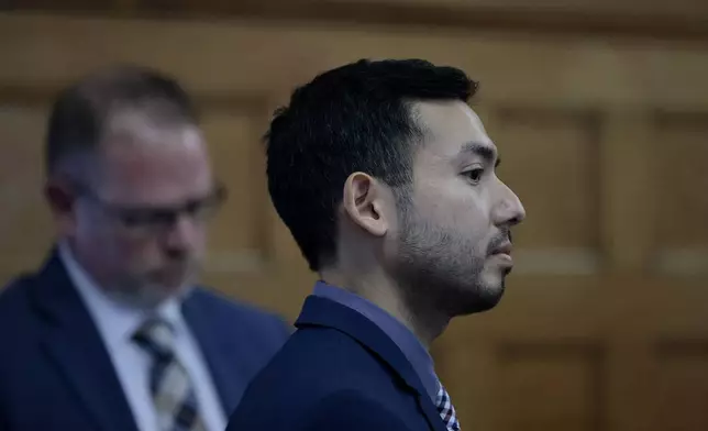 Prosecutor Adam Lally, left, calls Karl Miyasako of Bode Technology lab into the courtroom during the retrial of Karen Read in the Norfolk Superior Court, Monday, May 19, 2025, in Dedham, Mass. (Pat Greenhouse/The Boston Globe via AP, Pool)