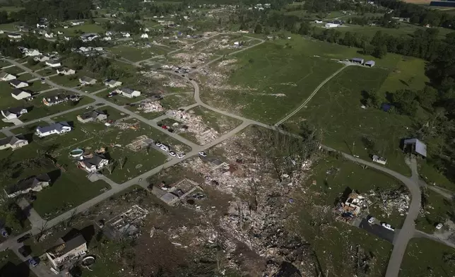 FILE - A path of destroyed homes is seen, May 18, 2025, in London, Ky., after a severe storm passed through the area. (AP Photo/Carolyn Kaster, File)