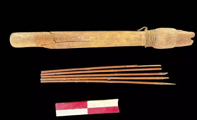 In this undated photo, artifacts are displayed that were found in the three new graves of senior statesmen found in the Dra' Abu al-Naga necropolis area in Luxor, Egypt. (Egypt Ministry of Tourism and Antiquities via AP)