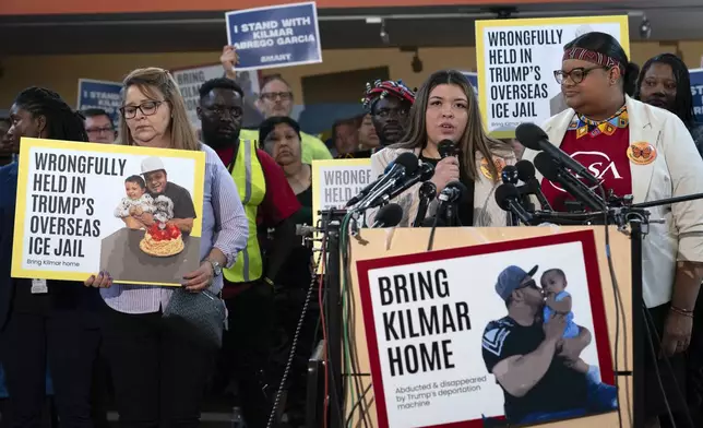 Jennifer Vasquez Sura, the wife of Kilmar Abrego Garcia of Maryland, who was mistakenly deported to El Salvador, speaks during a news conference at CASA's Multicultural Center in Hyattsville, Md., Friday, April 4, 2025. (AP Photo/Jose Luis Magana)