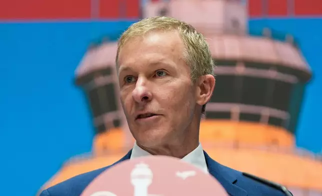 United Airlines CEO Scott Kirby speaks about a new air traffic control infrastructure plan, Thursday, May 8, 2025, in Washington. (AP Photo/Julia Demaree Nikhinson)