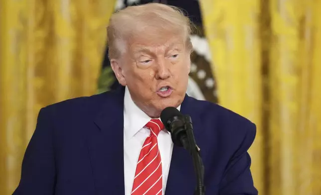 President Donald Trump speaks at an event for Military Mothers, Thursday, May 8, 2025, in the East Room of the White House in Washington. (AP Photo/Jacquelyn Martin)