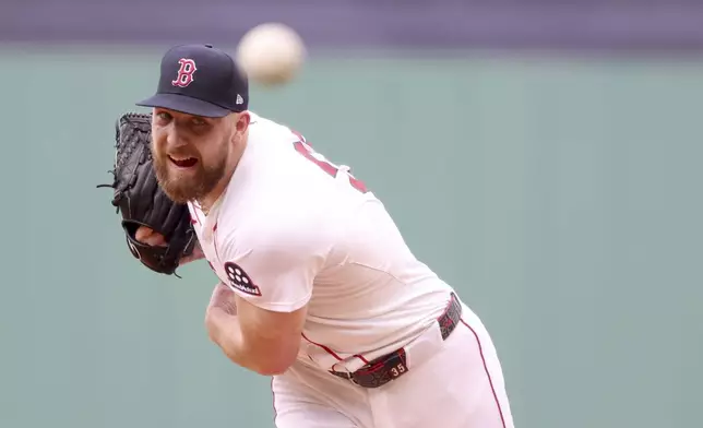Boston Red Sox pitcher Garrett Crochet throws during the first inning of a baseball game against the Minnesota Twins, Sunday, May 4, 2025, in Boston. (AP Photo/Mark Stockwell)