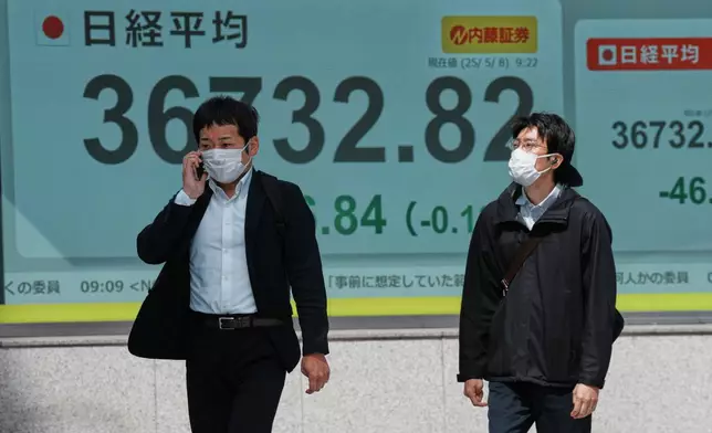 People walk in front of an electronic stock board showing Japan's Nikkei index at a securities firm Thursday, May 8, 2025, in Tokyo. (AP Photo/Eugene Hoshiko)