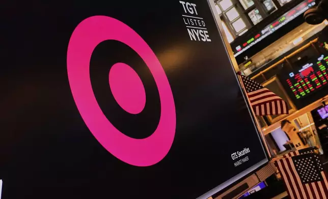 The logo for Target is displayed above a trading post on the floor of the New York Stock Exchange, Tuesday, May 20, 2025. (AP Photo/Richard Drew)