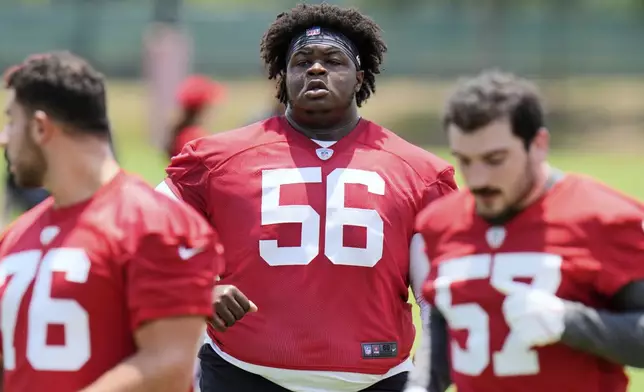 Tampa Bay Buccaneers nose tackle Desmond Watson (56) runs a drill during the NFL football team's rookie minicamp Friday, May 9, 2025, in Tampa, Fla. (AP Photo/Chris O'Meara)