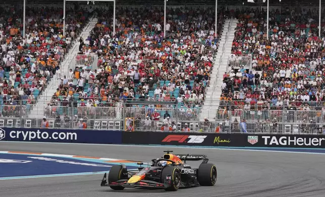 Red Bull driver Max Verstappen of the Netherlands makes a turn during the Formula One Miami Grand Prix auto race Sunday, May 4, 2025, in Miami Gardens. Fla. (AP Photo/Rebecca Blackwell)