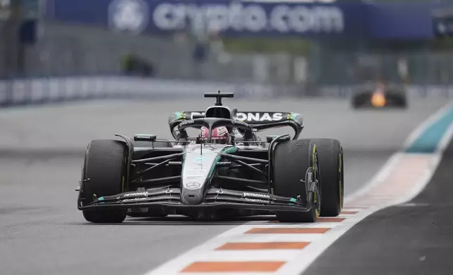 Mercedes driver George Russell of Britain races during the Formula One Miami Grand Prix auto race Sunday, May 4, 2025, in Miami Gardens. Fla. (AP Photo/Rebecca Blackwell)