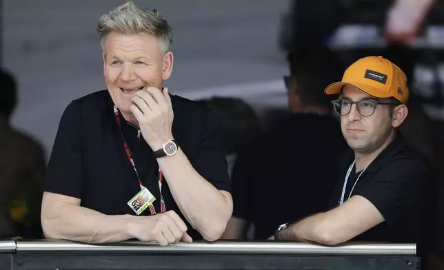 Gordon Ramsay watches the Formula One Miami Grand Prix auto race Sunday, May 4, 2025, in Miami Gardens. Fla. (Shawn Thew/Pool Photo via AP)