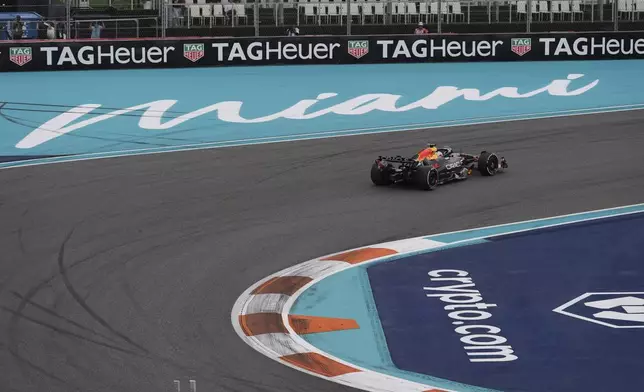 Red Bull driver Max Verstappen of the Netherlands makes a turn during the Formula One Miami Grand Prix auto race Sunday, May 4, 2025, in Miami Gardens. Fla. (AP Photo/Rebecca Blackwell)